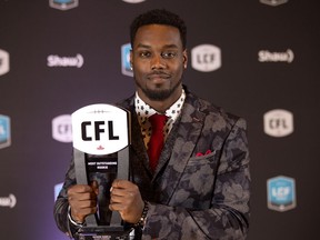 Calgary Stampeders wide receiver DaVaris Daniels poses backstage after being named Most Outstanding Rookie at the CFL Awards held in Toronto on Thursday, November 24, 2016.