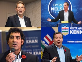 PC leadership candidates (clockwise from top left) Richard Starke, Byron Nelson, Jason Kenney and Stephen Khan.