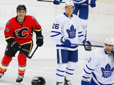 Calgary Flames Garnet Hathaway celebrates after a goal by Freddie Hamilton against the Toronto Maple Leafs during NHL hockey in Calgary, Alta., on Wednesday, November 30, 2016.