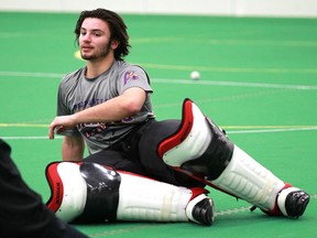 CALGARY, ; DECEMBER 19, 2015  -- Goalie Christian Del Bianco streches out during the Roughnecks practise at the Calgary Soccer Centre on Saturday December 19, 2015.(Lorraine Hjalte/Calgary Herald) For Sports story by . Trax #00070933A