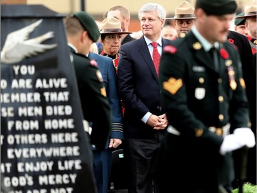 Former Prime Minister Stephen Harper during the Remembrance Day ceremony at the Military Museums in Calgary, Alta., on Friday November 11, 2016.