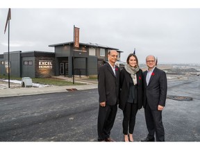 From left, Genstar team members Manoj Raythatha, senior consultant, Kelly Schmalz, development manager, and Marcello Chiacchia, vice-president of Calgary communities at the developer's new community of Carrington.