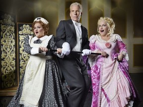 From left to right is Tracy Dahl, coloratura soprano performing Adele, Roger Honeywell, tenor as Eisenstein, and Sally Dibblee, soprano performing as Rosalinde. From Calgary Opera's Die Fledermaus.
