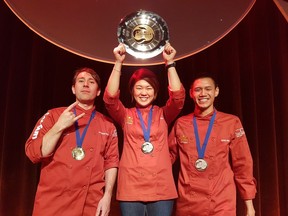 From left to right, Silver winner John Michael MacNeil of The Belvedere, Gold medal winner Jinhee Lee of Foreign Concept and Bronze winner Michel Nop of Redwater Rustic Grille (far right).