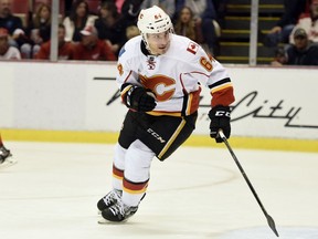 Calgary Flames right wing Garnet Hathaway (64) skates against the Detroit Red Wings during the third period of an NHL hockey game in Detroit, Sunday, Nov. 20, 2016. The Flames defeated the Red Wings 3-2.