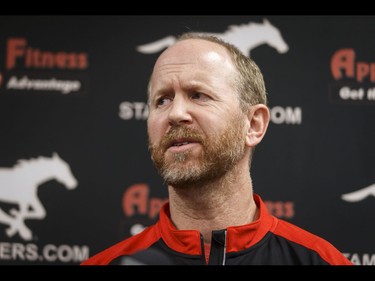 Calgary Stampeders head coach Dave Dickinsen speaks with media at McMahon Stadium in Calgary, Alta., on Tuesday, Nov. 29, 2016. The Stamps were cleaning out their lockers two days after losing the Grey Cup to Ottawa in Toronto. Lyle Aspinall/Postmedia Network