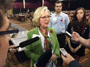 Donna Kennedy-Glans talks to reporters at the  Progressive Conservative convention on Nov. 7, 2016.
