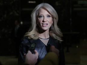 Kellyanne Conway, Donald Trump's campaign manager, speaks to media as she arrives at Trump Tower, Monday, Nov. 21, 2016 in New York. Conway cancelled a trip to Alberta where she was to speak at a private dinner in Calgary hosted by the Alberta Prosperity Fund on Jan. 12, and also tour the oilsands near Fort McMurray.