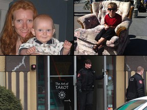 A composite image showing, from upper left, a family photo of Tamara Lovett with Ryan as an infant, a family photo of an older Ryan Lovett and police at Tamara Lovett's apartment building on 17th Ave. SW on March 2, 2013.