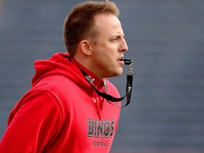 Ryan Sheahan, University of Calgary Dinos offensive co-ordinator during Dinos Spring Camp at McMahon Stadium in Calgary, Alta.. on Friday April 29, 2016. Leah hennel/Postmedia