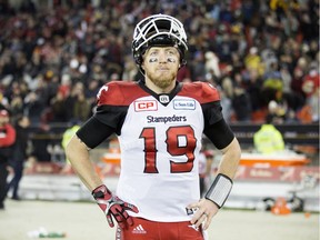 Calgary Stampeders quarterback Bo Levi Mitchell (19) walks off the field after losing the CFL Grey Cup game to the Ottawa Redblacks, Sunday, November 27, 2016 in Toronto.
