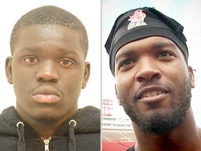 From left, Tony Nelson Lugela, Mylan Hicks. Lugela is charged with fatally shooting Hicks, a Calgary Stampeder defensive back, outside a Calgary nightspot.