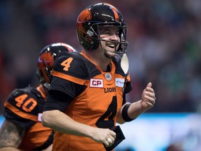 B.C. Lions' Paul McCallum celebrates a field goal against the Saskatchewan Roughriders during the first half of a CFL football game in Vancouver, B.C., on Saturday November 5, 2016.
