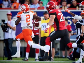 BC Lions Chris Rainey with a 93-yard punt-return for a touchdown on Calgary Stampeders Rob Maver's first punt during CFL football in Calgary, Alta., on Friday, July 29, 2016. AL CHAREST/POSTMEDIA