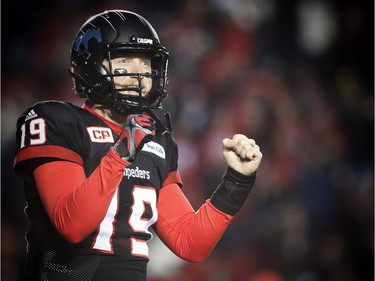 Calgary Stampeders Bo Levi Mitchell celebrates after trouncing a touchdown against the BC Lions during 2016 CFL's West Division Final in Calgary, Alta., on Sunday, November 20, 2016. AL CHAREST/POSTMEDIA