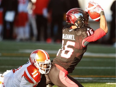 Calgary Stampeders Marquay McDaniel with a touchdown against BC Lions during 2016 CFL's West Division Final in Calgary, Alta., on Sunday, November 20, 2016.