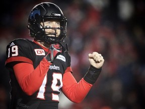 Calgary Stampeders Bo Levi Mitchell celebrates after throwing a touchdown against the BC Lions during 2016 CFL's West Division Final in Calgary, Alta., on Sunday, November 20, 2016. AL CHAREST/POSTMEDIA