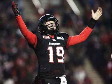 Calgary Stampeders Bo Levi Mitchell celebrates after throwing a touchdown against the BC Lions during 2016 CFL's West Division Final on Sunday, November 20, 2016.