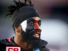 Calgary Stampeders Josh Bell in warm up before facing the Toronto Argonauts in CFL football in Calgary, Alta., on Friday, October 21, 2016. AL CHAREST/POSTMEDIA