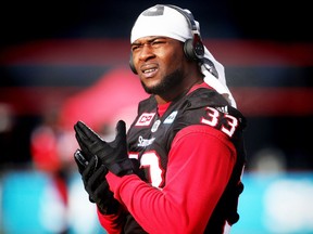 Calgary Stampeders Jerome Messam in warm up before facing the BC Lions in the 2016 CFL's West Division Final in Calgary, Alta., on Sunday, November 20, 2016. AL CHAREST/POSTMEDIA