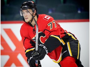 Calgary Flames Mark Jankowski in warm up before facing the Vancouver Canucks in pre-season hockey in Calgary, Alta., on Friday, September 30, 2016.