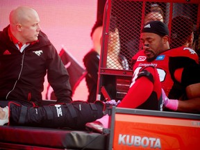 Calgary Stampeders Deron Mayo after being injured in a game against the Montreal Alouettes in Calgary, Alta., on Saturday, October 15, 2016.