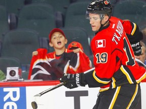 Calgary Flames Matthew Tkachuk during the pre-game skate before playing the Washington Capitals in NHL hockey in Calgary, Alta., on Sunday, October 30, 2016. AL CHAREST/POSTMEDIA