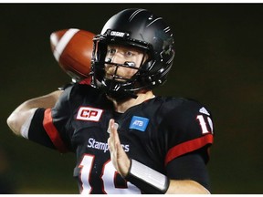 Calgary Stampeders quarterback Bo Levi Mitchell looks to throw the ball during a game against the Toronto Argonauts in CFL football in Calgary, Alta., on Friday, October 21, 2016.