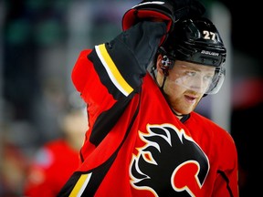 Calgary Flames Dougie Hamilton during the pre-game skate before playing the Dallas Stars in NHL hockey in Calgary, Alta., on Thursday, November 10, 2016.