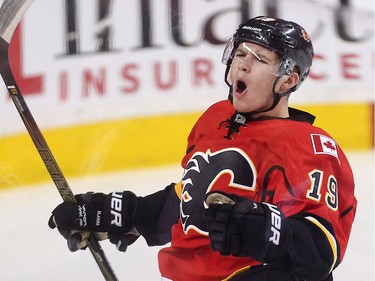 Matthew Tkachuk of the Calgary Flames celebrates his third period goal against the Arizona Coyotes at the Saddledome Wednesday November 16, 2016.