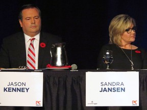 Progressive Conservative candidates Jason Kenney, a former Conservative MP, and Sandra Jansen sit next to each other during the Alberta Progressive Conservative party leadership forum in Red Deer, Alta. on Saturday, Nov. 5, 2016. The only two female candidates in the Alberta Progressive Conservative leadership race are calling it quits, one of them citing Trump-style intimidation tactics in the campaign.
