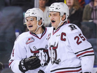 Adam Musil #25 of the Red Deer Rebels celebrates after scoring a goal against the Calgary Hitmen during a WHL game at Scotiabank Saddledome on November 22, 2016 in Calgary.