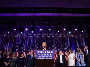 Republican president-elect Donald Trump delivers his acceptance speech during his election night event at the New York Hilton Midtown in the early morning hours of November 9, 2016 in New York City. Donald Trump defeated Democratic presidential nominee Hillary Clinton to become the 45th president of the United States.