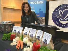 Sharon Hapton, founder of Calgary-based non-profit Soup Sisters. It has partnered with 7-Eleven to sell its products there with 100 per cent of proceeds going back to the organization. In addition, Soup Sisters is providing bags of fresh, homemade soup to go into hampers at the Calgary and Veterans food banks.