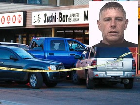 A blue pickup truck sits in the parking lot of Montgomery shopping centre on Tuesday, November 22, 2016. after a police shooting. Inset: Terrence Weinmeyer, pictured in a Crime Stoppers photo. 
Al Charest/Postmedia