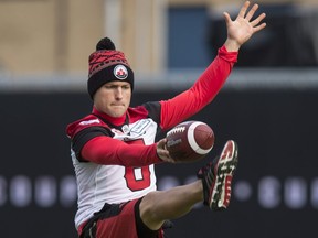Calgary Stampeders punter Rob Maver works on his form during a walk through at the Western Conference practice, in Toronto on Saturday, November 26, 2016. The Ottawa Redblacks will play against the Calgary Stampeders Sunday in the 104th CFL Grey Cup.