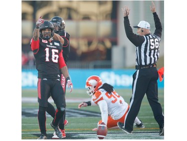 Calgary Stampeders Marquay McDaniel celebrates after a catch against the BC Lions during 2016 CFLís West Division Final in Calgary, Alta., on Sunday, November 20, 2016. AL CHAREST/POSTMEDIA