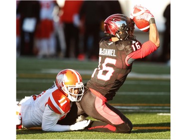 Calgary Stampeders Marquay McDaniel with a touchdown against BC Lions during 2016 CFLís West Division Final in Calgary, Alta., on Sunday, November 20, 2016. AL CHAREST/POSTMEDIA