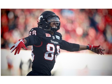 Calgary Stampeders Kamar Jorden celebrates during a game against the BC Lions in the 2016 CFLís West Division Final in Calgary, Alta., on Sunday, November 20, 2016. AL CHAREST/POSTMEDIA