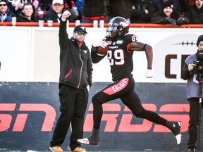 Calgary Stampeders DaVaris Daniels runs for a touchdown against the BC Lions in Western Final CFL action at McMahon Stadium in Calgary, Alta.. on Sunday November 20, 2016. Mike Drew/Postmedia