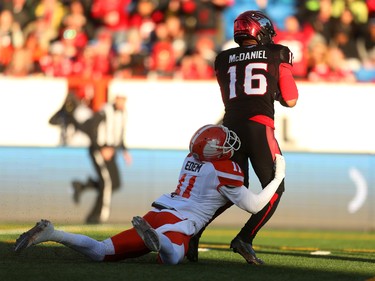 Calgary Stampeders Marquay McDaniel, right, makes a touchdown as BC Lions Mike Edem tries to stop him during CFL Western Final action at McMahon Stadium in Calgary, Alta.. on Sunday November 20, 2016. Leah hennel/Postmedia