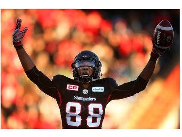 Calgary Stampeders Kamar Jorden celebrates his touchdown on the BC Lions during CFL Western Final action at McMahon Stadium in Calgary, Alta.. on Sunday November 20, 2016. Leah hennel/Postmedia