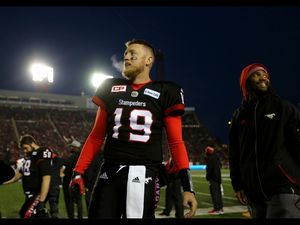 Calgary Stampeders quarterback Bo Levi Mitchell during the Western Final game against the BC Lions during CFL action at McMahon Stadium in Calgary, Alta.. on Sunday November 20, 2016. Leah hennel/Postmedia