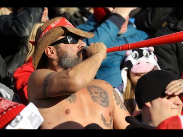 In contrast to the Eastern Final in snowy Ottawa, a shirtless fan urges on the Calgary Stampeders against the BC Lions in Western Final CFL action at McMahon Stadium in Calgary, Alta.. on Sunday November 20, 2016. The Stamps beat the Lions 42-15. Mike Drew/Postmedia