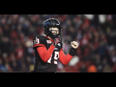 Calgary Stampeders Bo Levi Mitchell celebrates after throwing a touchdown against the BC Lions during 2016 CFLís West Division Final in Calgary, Alta., on Sunday, November 20, 2016. AL CHAREST/POSTMEDIA