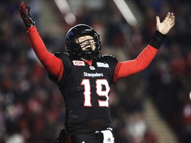 Calgary Stampeders Bo Levi Mitchell celebrates after throwing a touchdown against the BC Lions during 2016 CFLs West Division Final in Calgary, Alta., on Sunday, November 20, 2016. AL CHAREST/POSTMEDIA