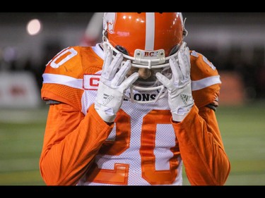 BC Lions Keynan Parker unhappy as he comes off the field  against the Calgary Stampeders in Western Final CFL action at McMahon Stadium in Calgary, Alta.. on Sunday November 20, 2016. The Stamps beat the Lions 42-15. Mike Drew/Postmedia
