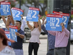 Supporters of an amendment to legalize medical marijuana for ailments including glaucoma, AIDS and post-traumatic stress disorder wave signs at passing traffic at a street corner in Fort Lauderdale, Fla., Tuesday, Nov. 8, 2016. (Amy Beth Bennett/South Florida Sun-Sentinel via AP) ORG XMIT: 2490324