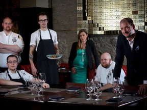 The staff at Catch & The Oyster Bar are from left, Chef Jordan Walsh, chef Terrence Copland, (sitting) chef Trevor Jerram, assistant manager Lauren Morrissey, chef Wes Larosse and manager Thomas Hill  at the restaurant in Calgary.