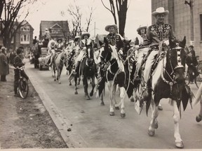 Calgarians on horses in pre-game Grey Cup parade at Toronto November 27, 1948.